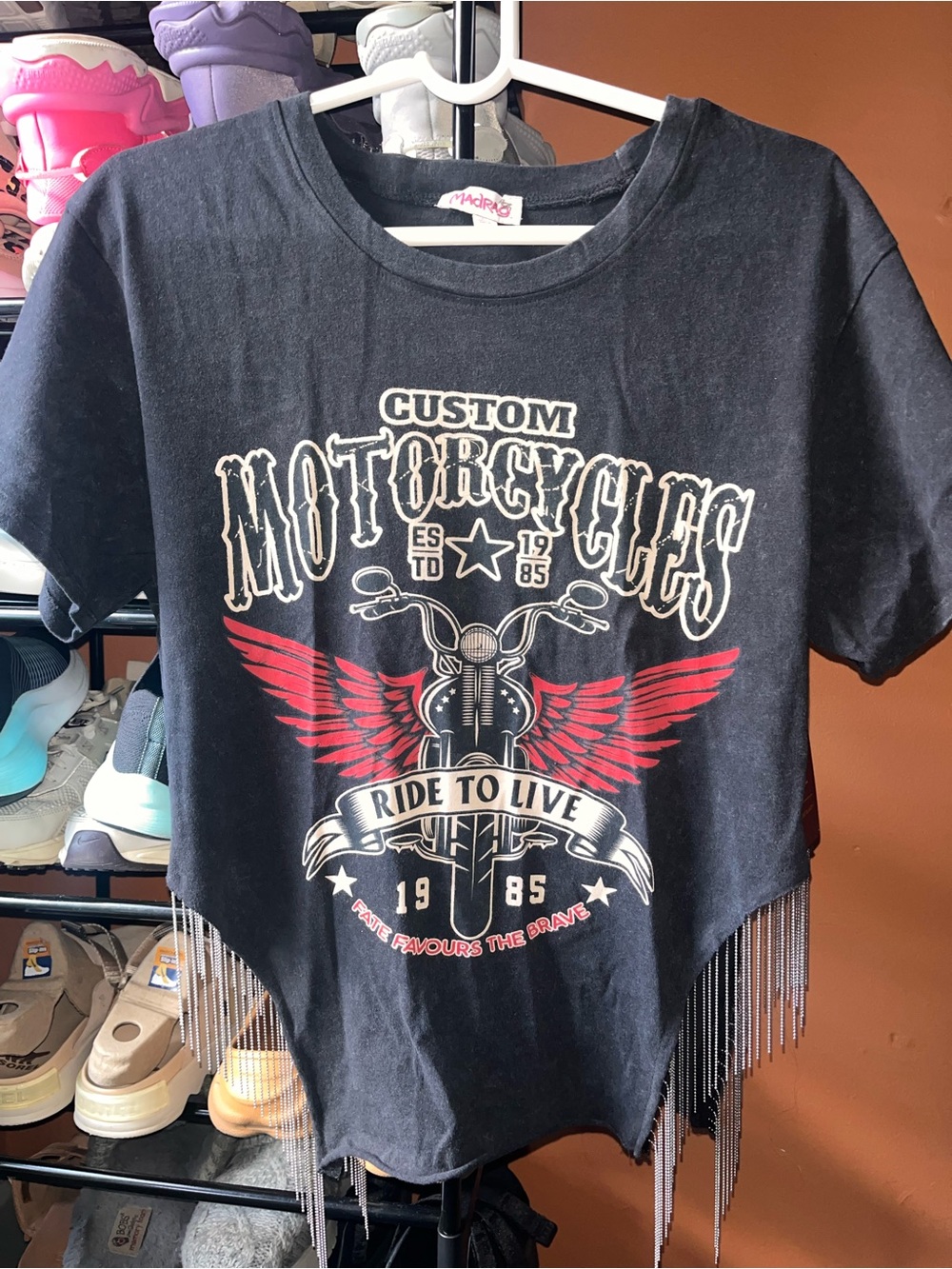 Black "Custom Motorcycles" Graphic Tee with Red Wings - Unbranded